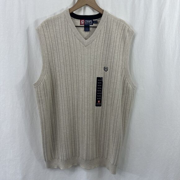 Chaps Ralph Lauren Crested Neutral Preppy Sweater Vest Mens XL Old Money Golf - Picture 1 of 8